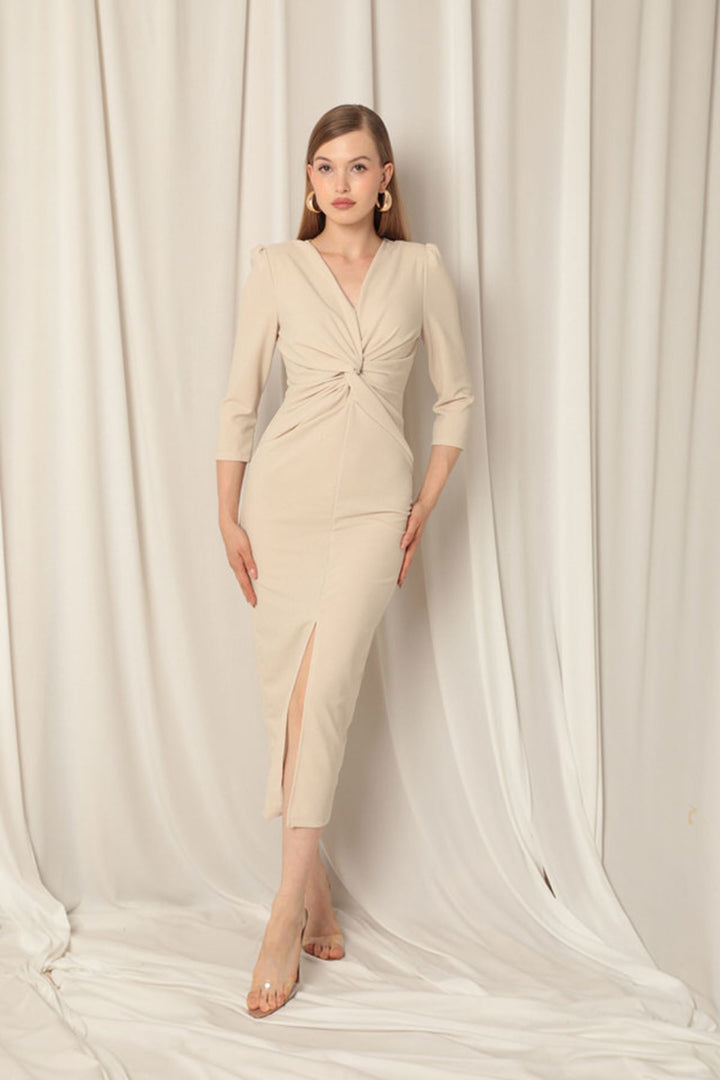 KKT Atlas Crep Fabric Front Twirl Detail Women's Beige Dress - Cento