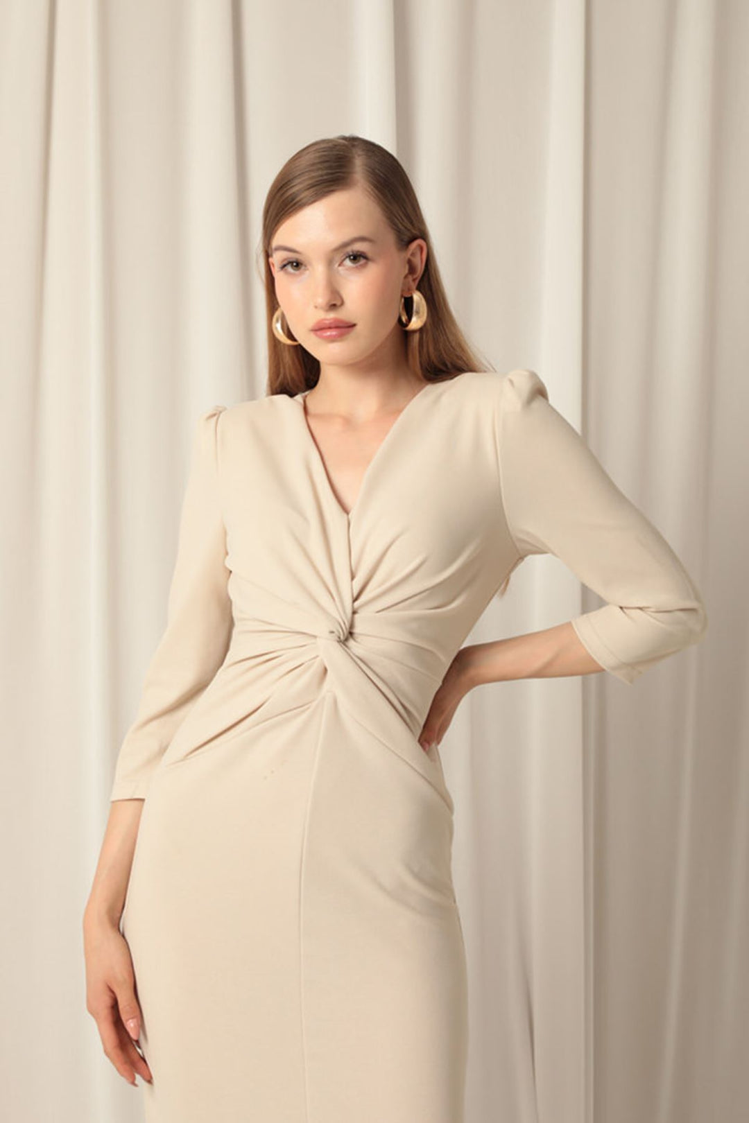 KKT Atlas Crep Fabric Front Twirl Detail Women's Beige Dress - Cento