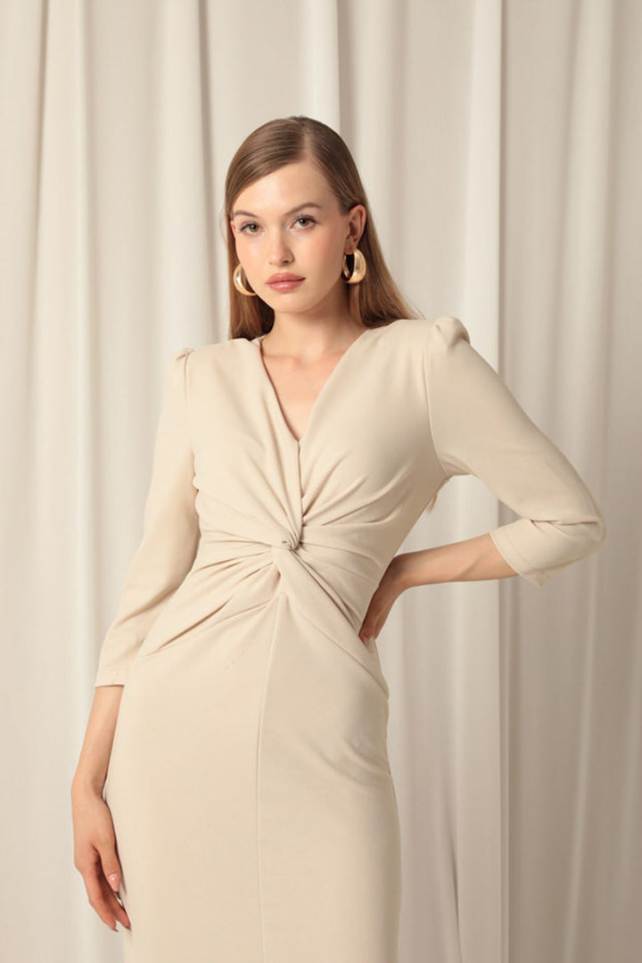 KKT Atlas Crep Fabric Front Twirl Detail Women's Beige Dress - Cento