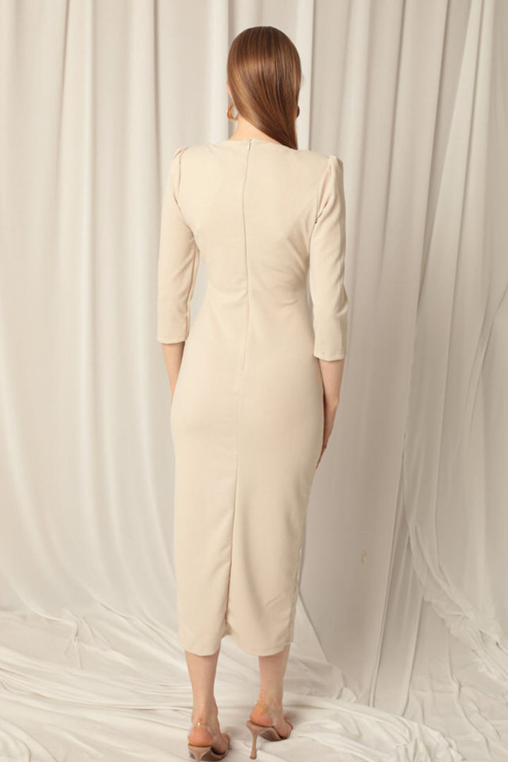 KKT Atlas Crep Fabric Front Twirl Detail Women's Beige Dress - Cento