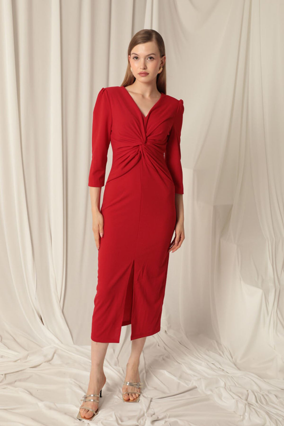 KKT Atlas Crepe Fabric Front Twirl Detail Women's Red Dress - Rivoli