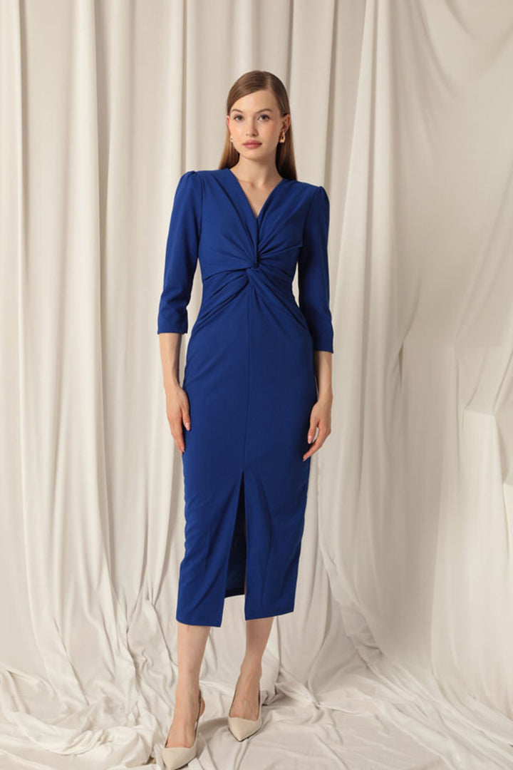 KKT Atlas Crepe Fabric Front Twist Detail Women's Saxe Dress - Daytona Beach