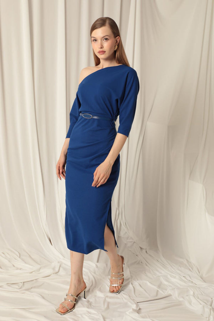 KKT Atlas Crepe Fabric Buttoned Sleeves Saxe Dress - Hawthorne