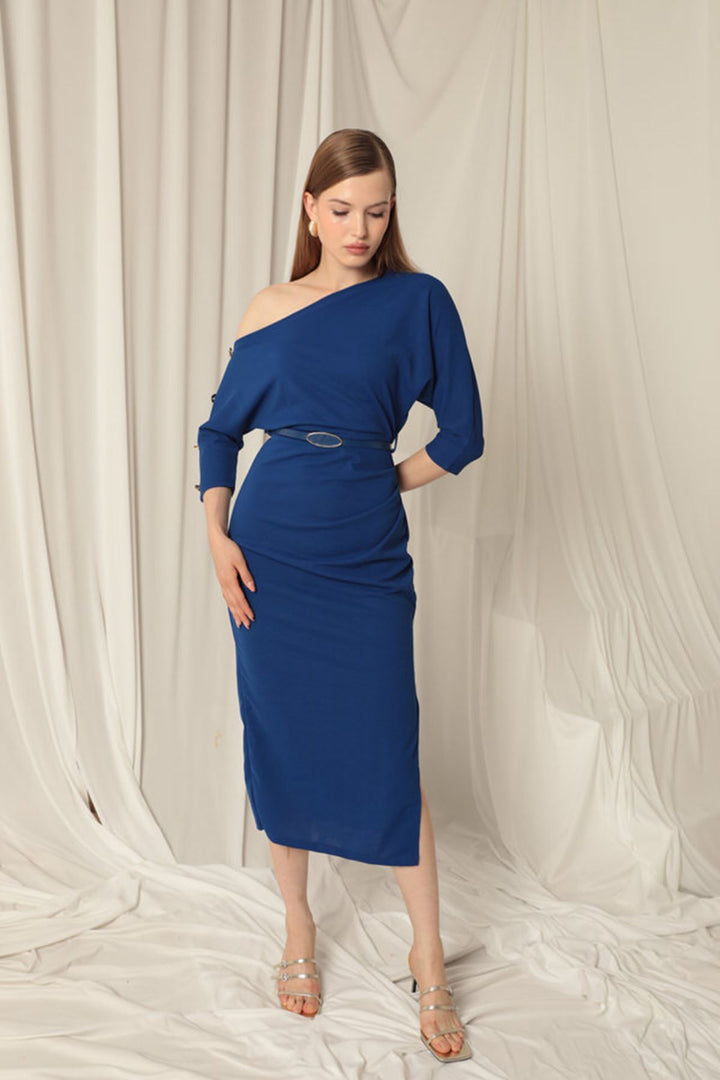 KKT Atlas Crepe Fabric Buttoned Sleeves Saxe Dress - Hawthorne