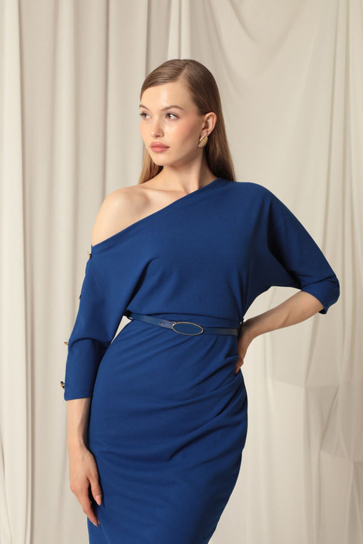 KKT Atlas Crepe Fabric Buttoned Sleeves Saxe Dress - Hawthorne