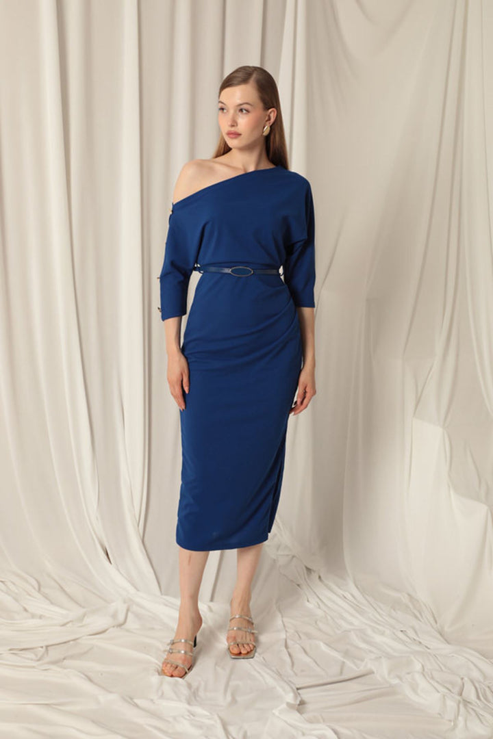 KKT Atlas Crepe Fabric Buttoned Sleeves Saxe Dress - Hawthorne