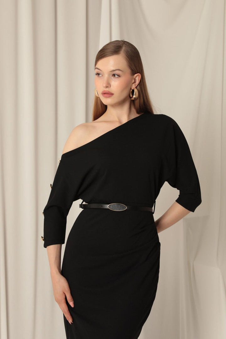 KKT Atlas Crepe Fabric Black Dress with Buttoned Sleeves - Cambridge