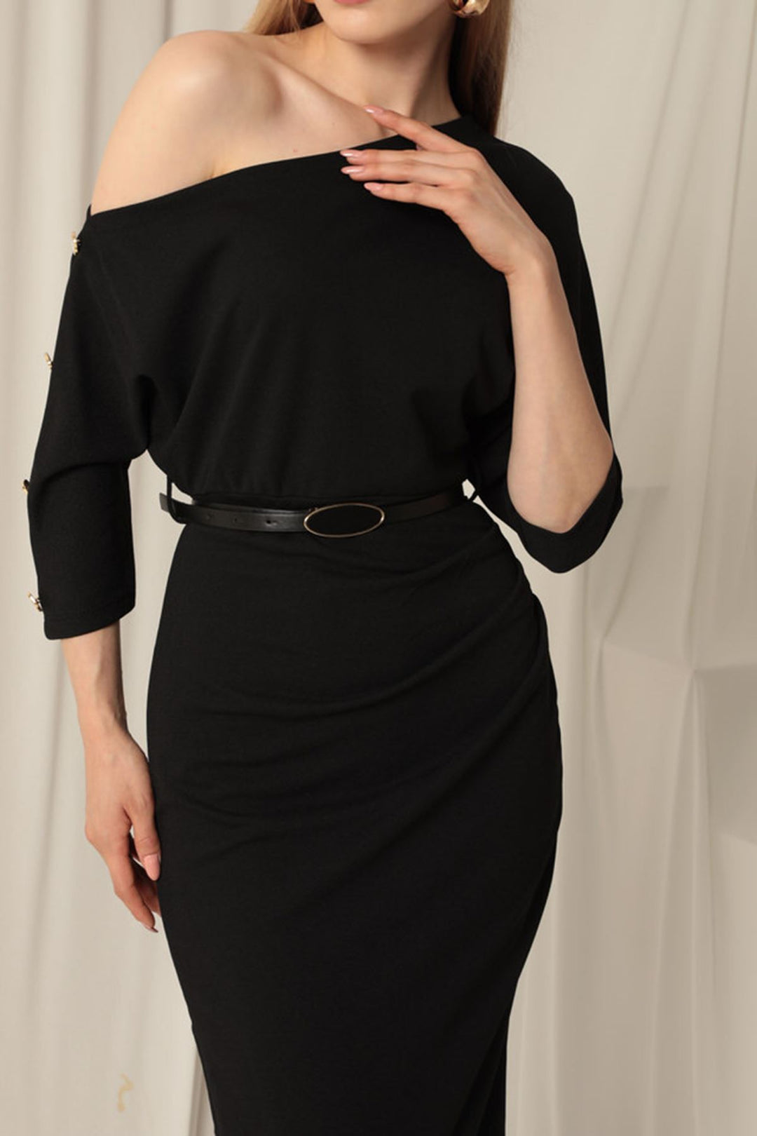 KKT Atlas Crepe Fabric Black Dress with Buttoned Sleeves - Cambridge