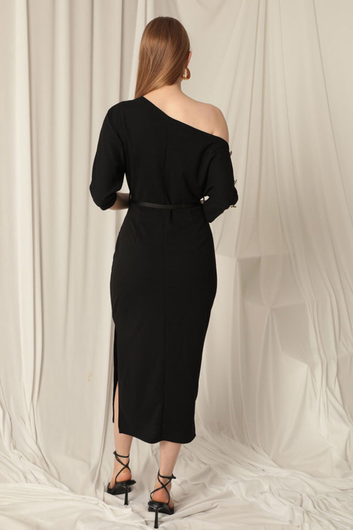 KKT Atlas Crepe Fabric Black Dress with Buttoned Sleeves - Cambridge