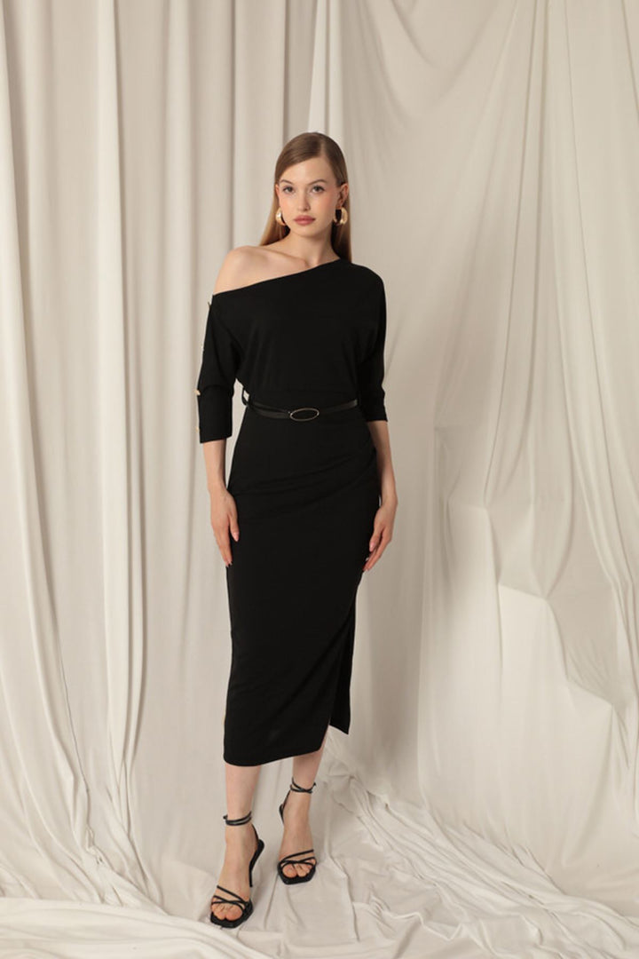 KKT Atlas Crepe Fabric Black Dress with Buttoned Sleeves - Cambridge