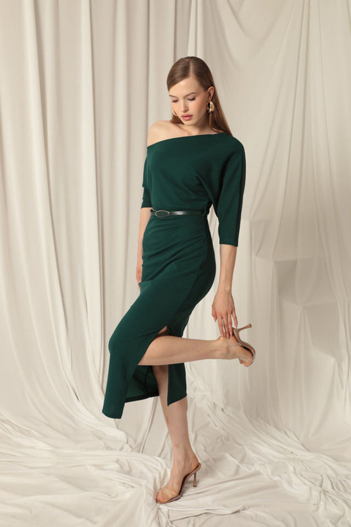 KKT Atlas Crepe Fabric Buttoned Sleeves Emerald Green Dress - Ontario