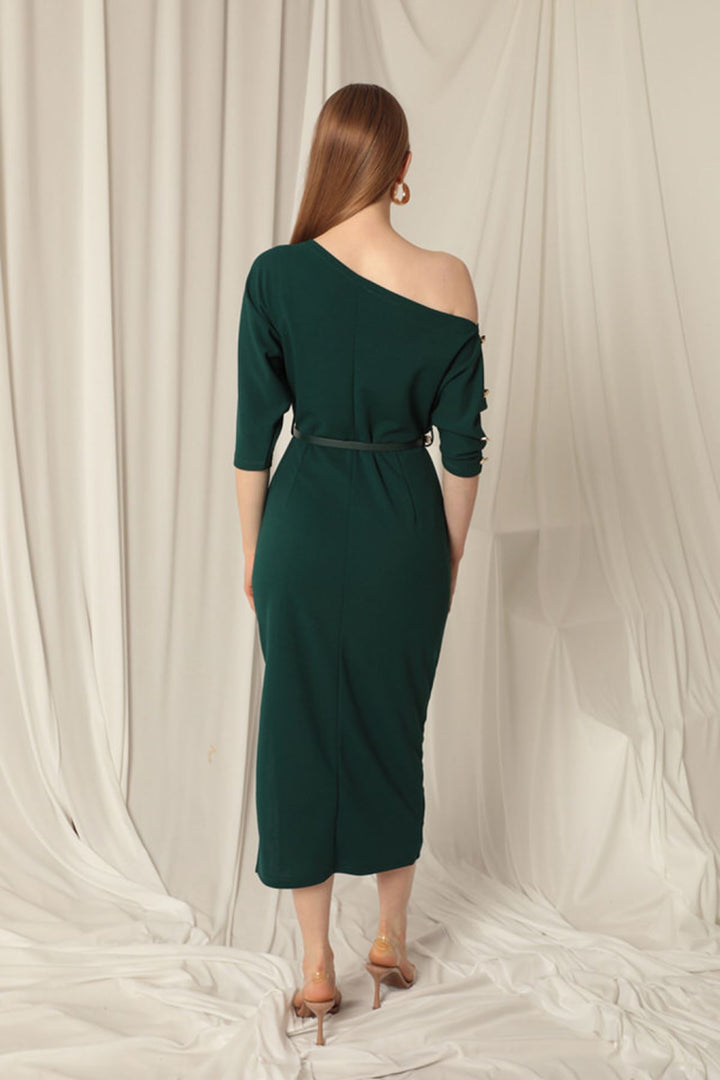 KKT Atlas Crepe Fabric Buttoned Sleeves Emerald Green Dress - Ontario