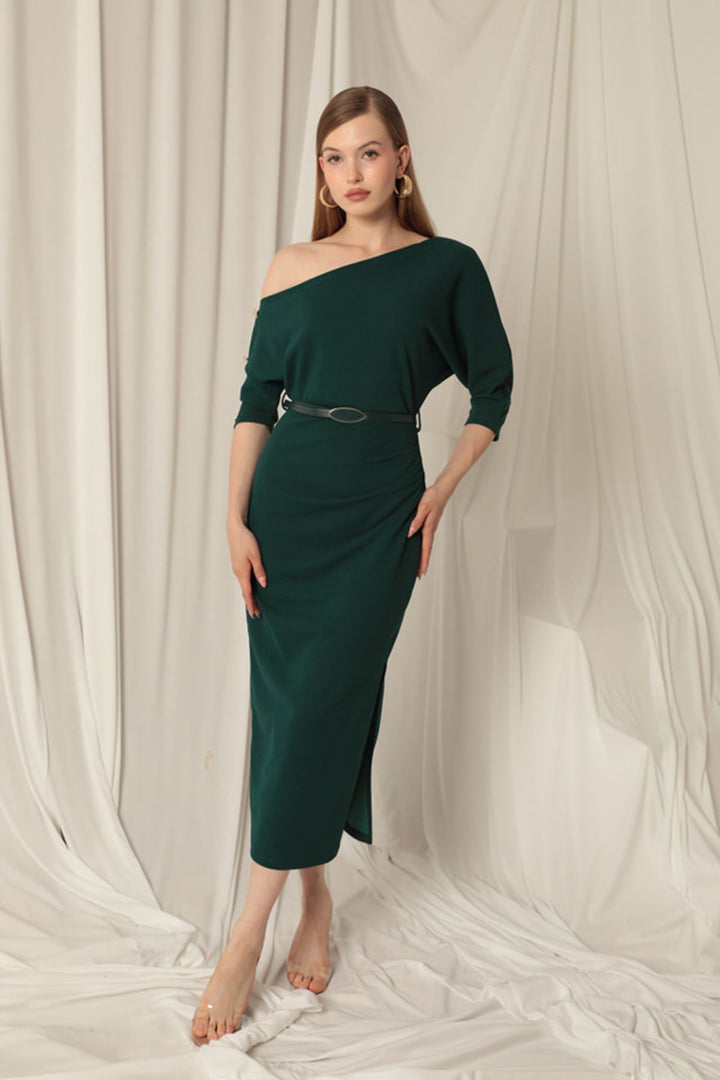 KKT Atlas Crepe Fabric Buttoned Sleeves Emerald Green Dress - Ontario