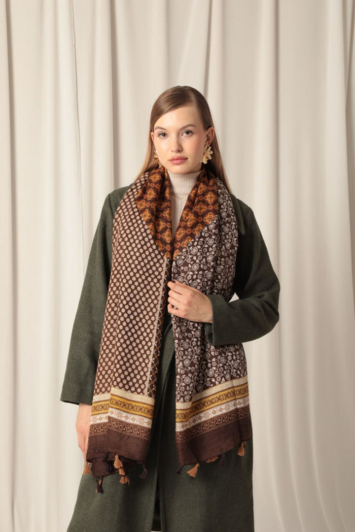 KKT Ethnic Patterned Tassel Women's Camel Shawl - Alexandria