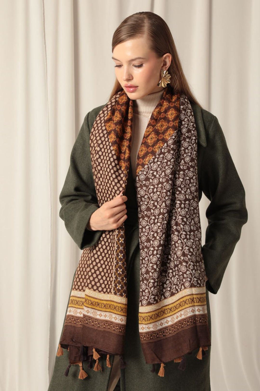 KKT Ethnic Patterned Tassel Women's Camel Shawl - Alexandria
