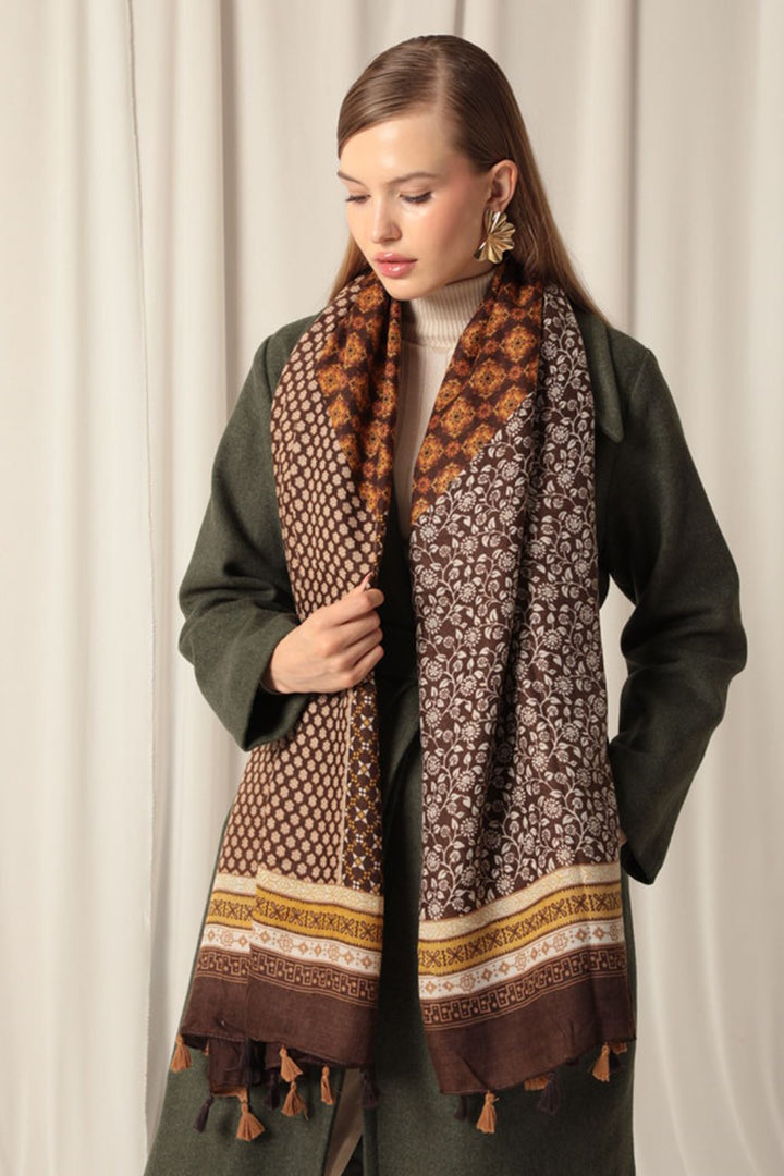 KKT Ethnic Patterned Tassel Women's Camel Shawl - Alexandria