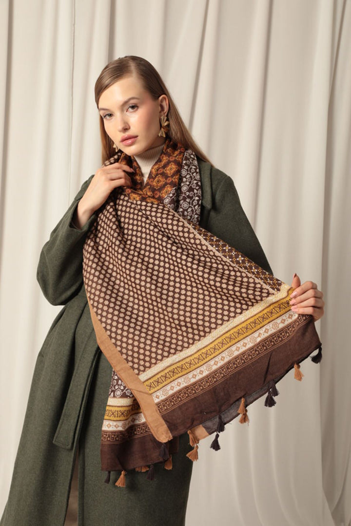 KKT Ethnic Patterned Tassel Women's Camel Shawl - Alexandria