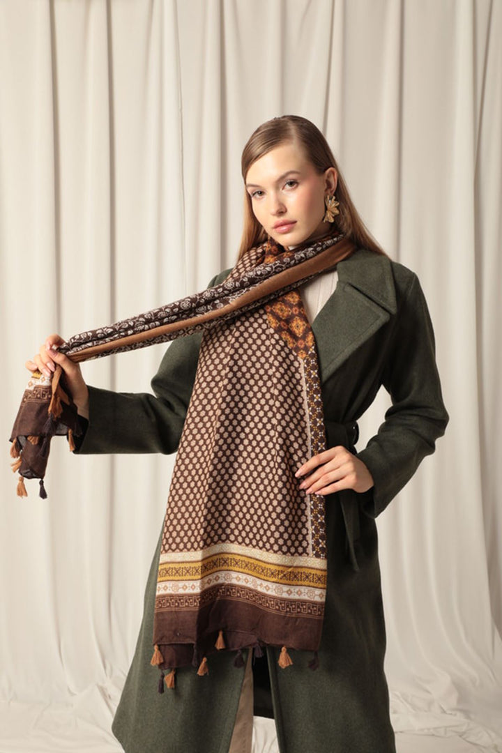 KKT Ethnic Patterned Tassel Women's Camel Shawl - Alexandria