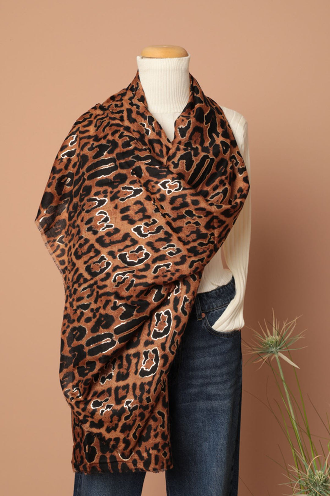 KKT Leopard Patterned Tassel Women's Brown Shawl - Stryi