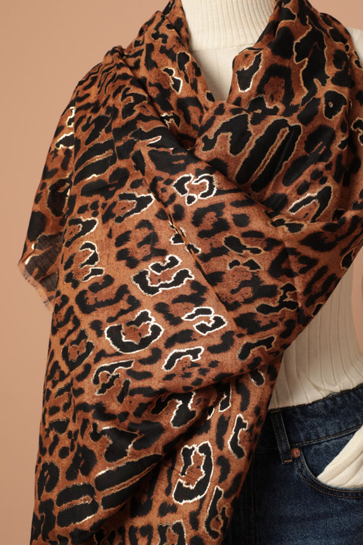 KKT Leopard Patterned Tassel Women's Brown Shawl - Stryi