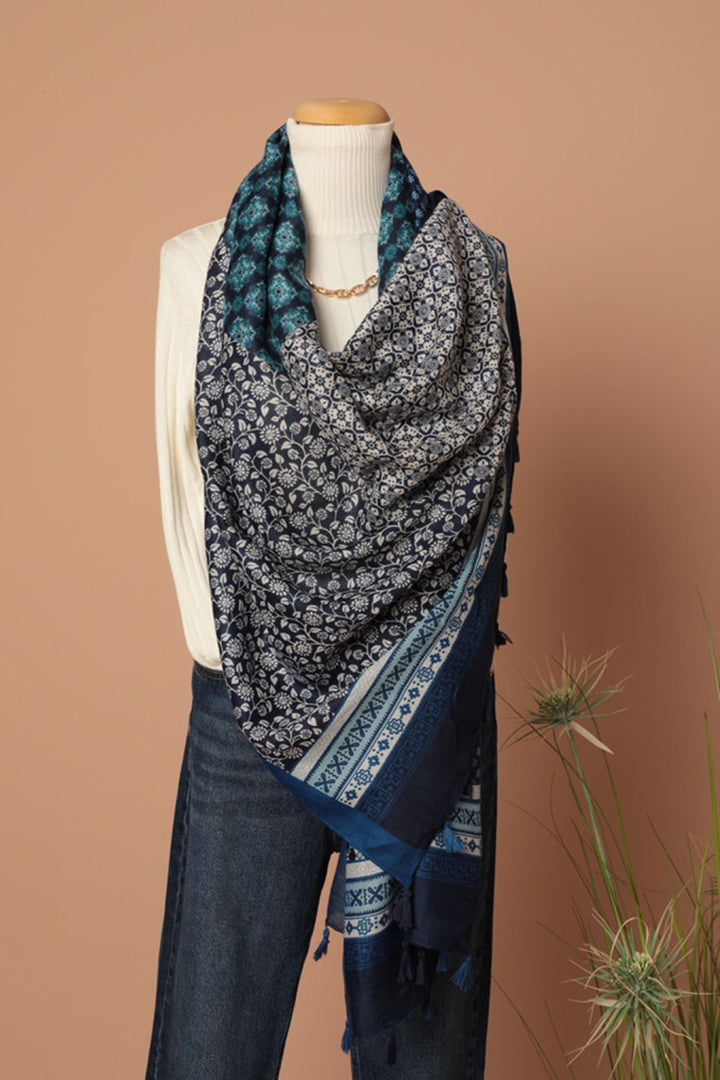 KKT Ethnic Patterned Tassel Women's Blue Shawl - Hobart