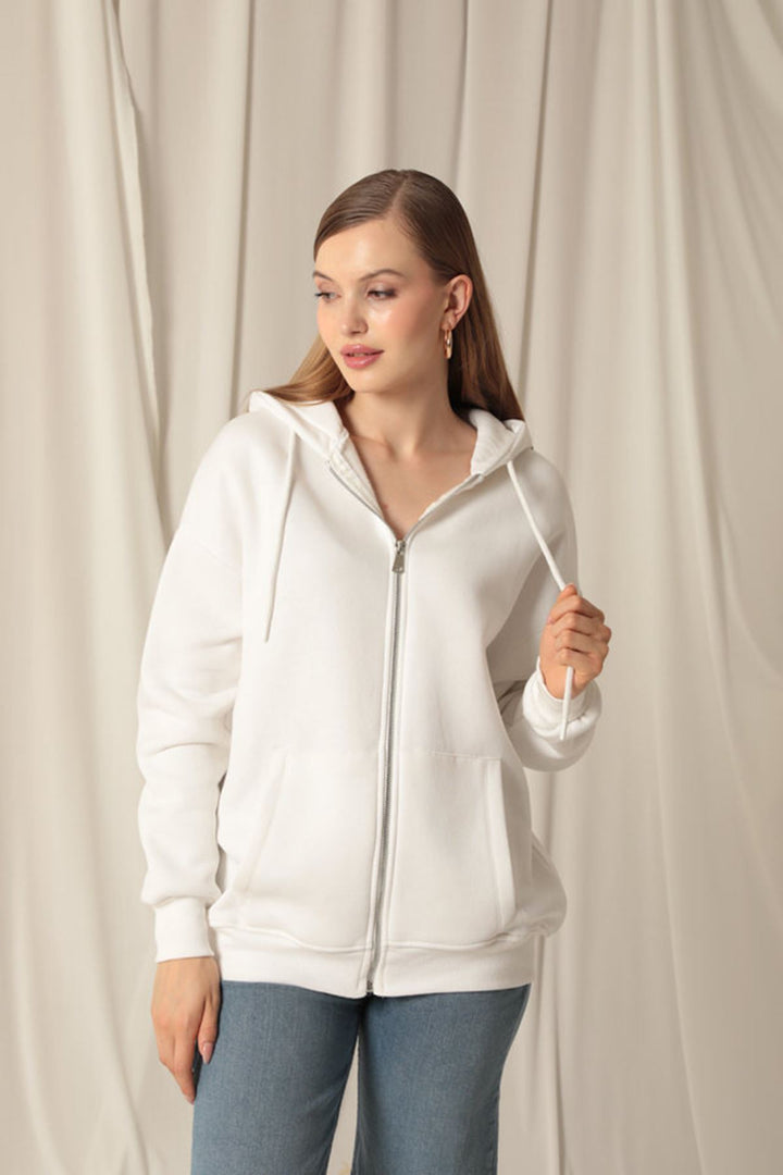 KKT Triple Yarn Kangaroo Pocket Zippered Hooded Women's Ecru Sweat - Widnes