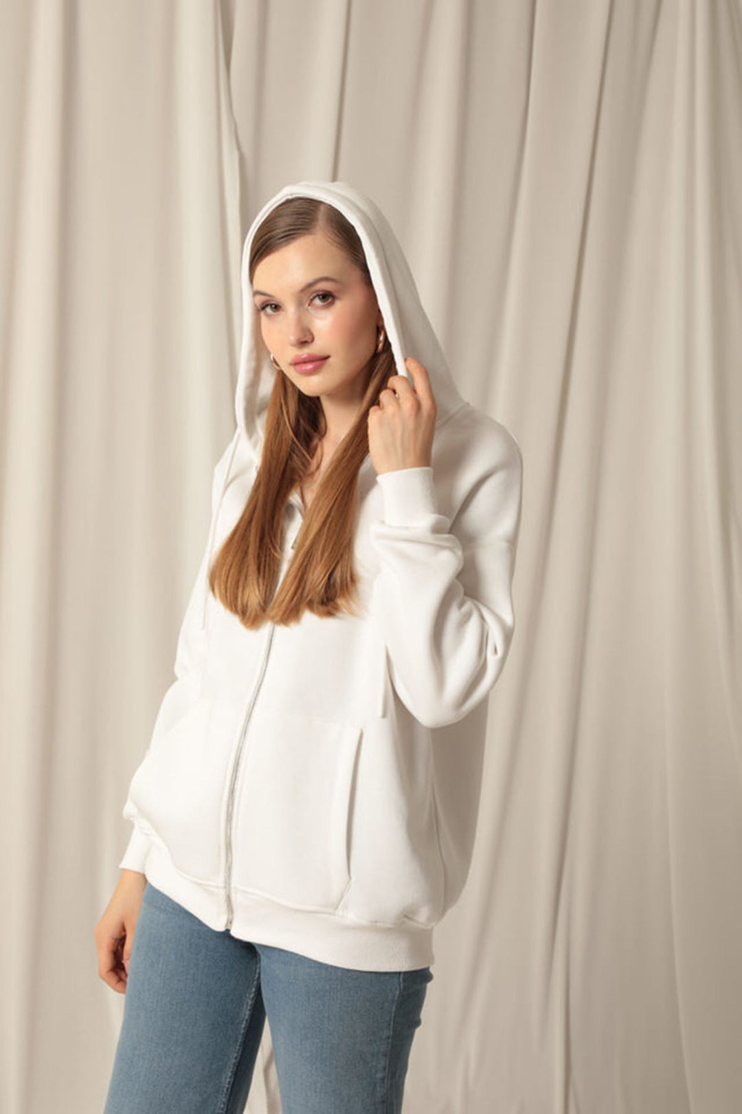 KKT Triple Yarn Kangaroo Pocket Zippered Hooded Women's Ecru Sweat - Widnes
