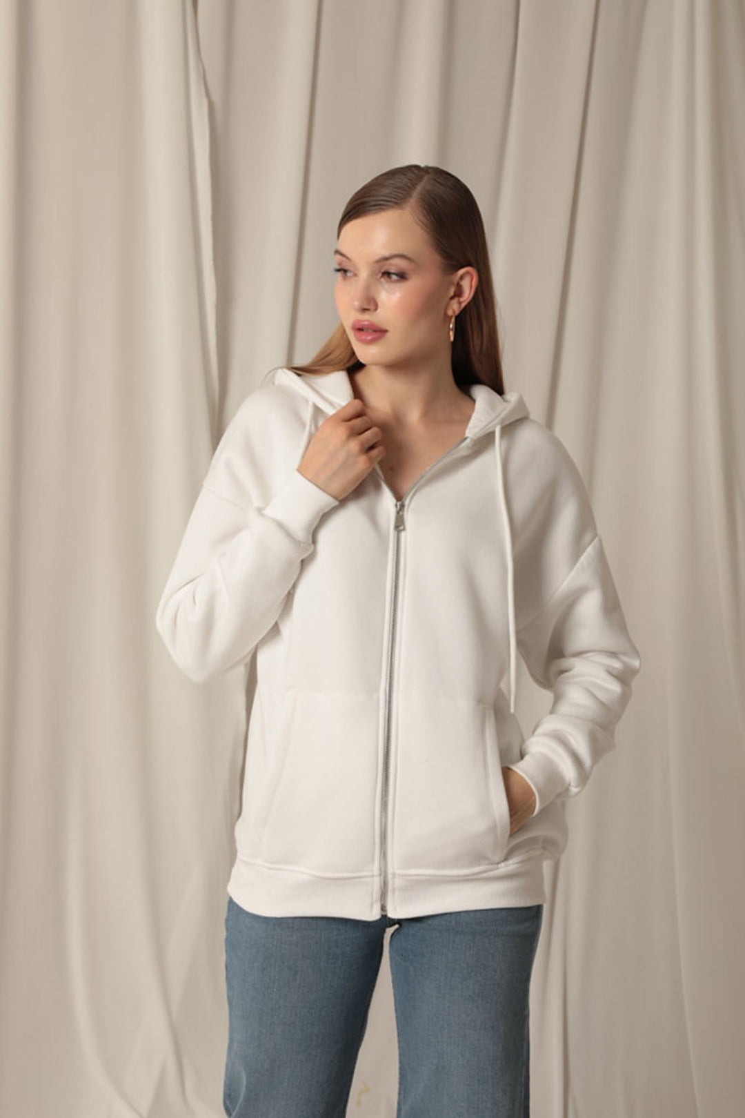 KKT Triple Yarn Kangaroo Pocket Zippered Hooded Women's Ecru Sweat - Widnes