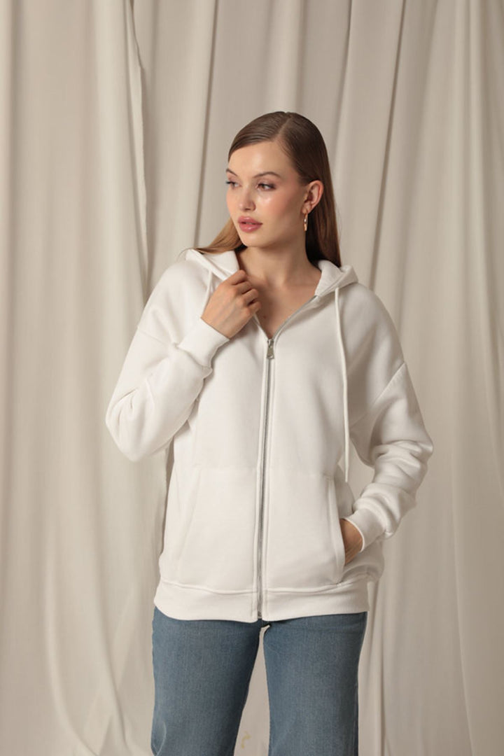 KKT Triple Yarn Kangaroo Pocket Zippered Hooded Women's Ecru Sweat - Widnes