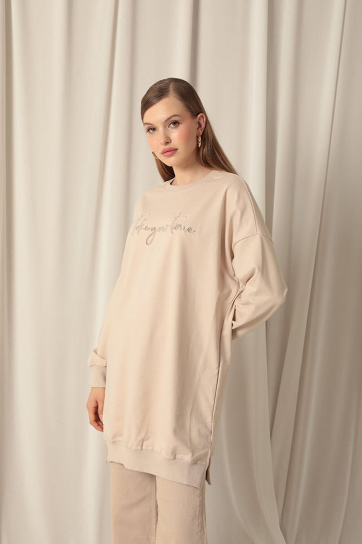 KKT Double Yarn Fabric Printed Women's Beige Sweater - Palatine