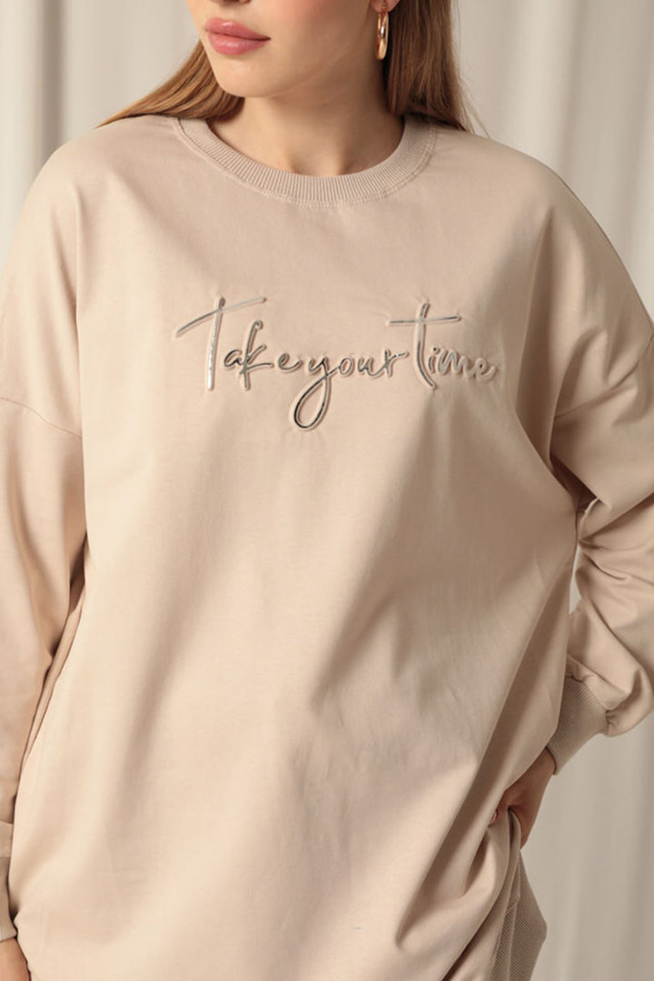 KKT Double Yarn Fabric Printed Women's Beige Sweater - Palatine