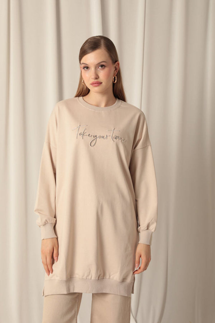 KKT Double Yarn Fabric Printed Women's Beige Sweater - Palatine