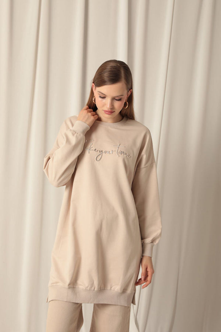 KKT Double Yarn Fabric Printed Women's Beige Sweater - Palatine
