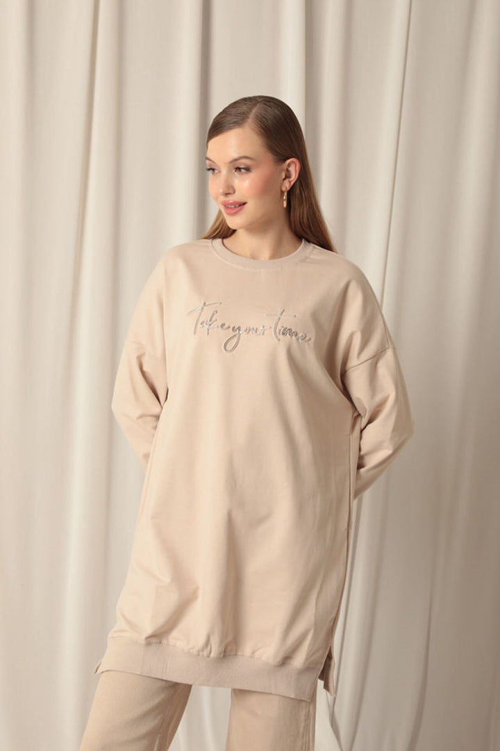 KKT Double Yarn Fabric Printed Women's Beige Sweater - Palatine