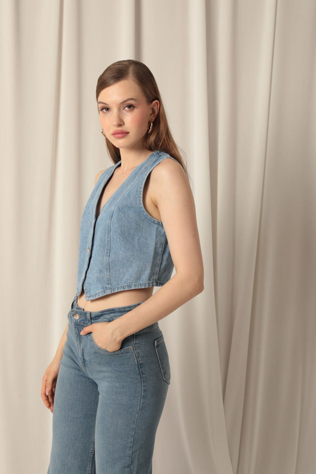 KKT Jean Fabric Front Buttoned Women's Blue Vest - Longview