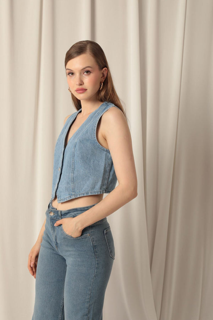 KKT Jean Fabric Front Buttoned Women's Blue Vest - Longview
