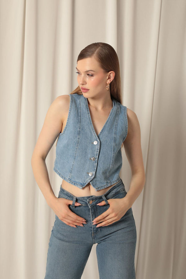 KKT Jean Fabric Front Buttoned Women's Blue Vest - Longview