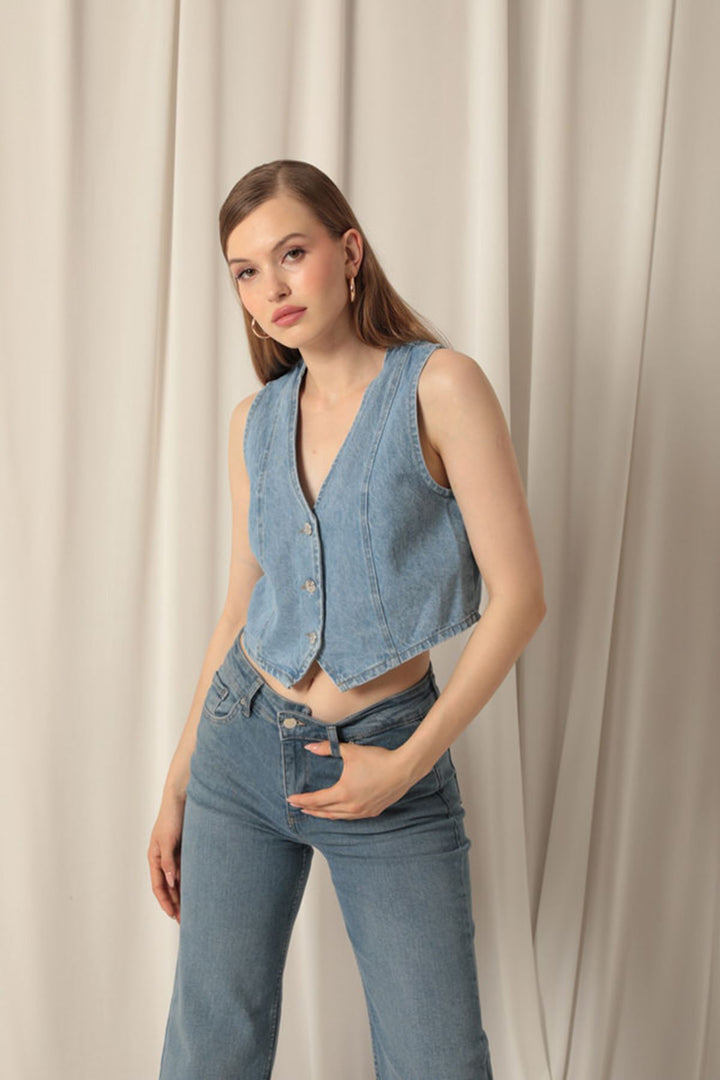 KKT Jean Fabric Front Buttoned Women's Blue Vest - Longview