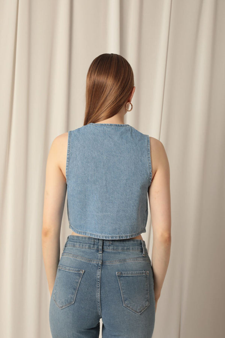 KKT Jean Fabric Front Buttoned Women's Blue Vest - Longview