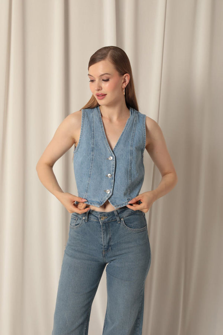 KKT Jean Fabric Front Buttoned Women's Blue Vest - Longview