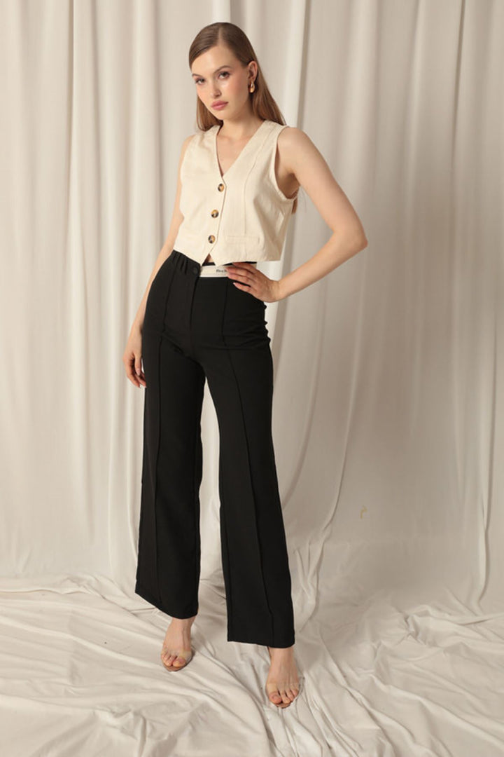 KKT Palazzo Women's Black Trousers with Belt Stripe - Langenfeld