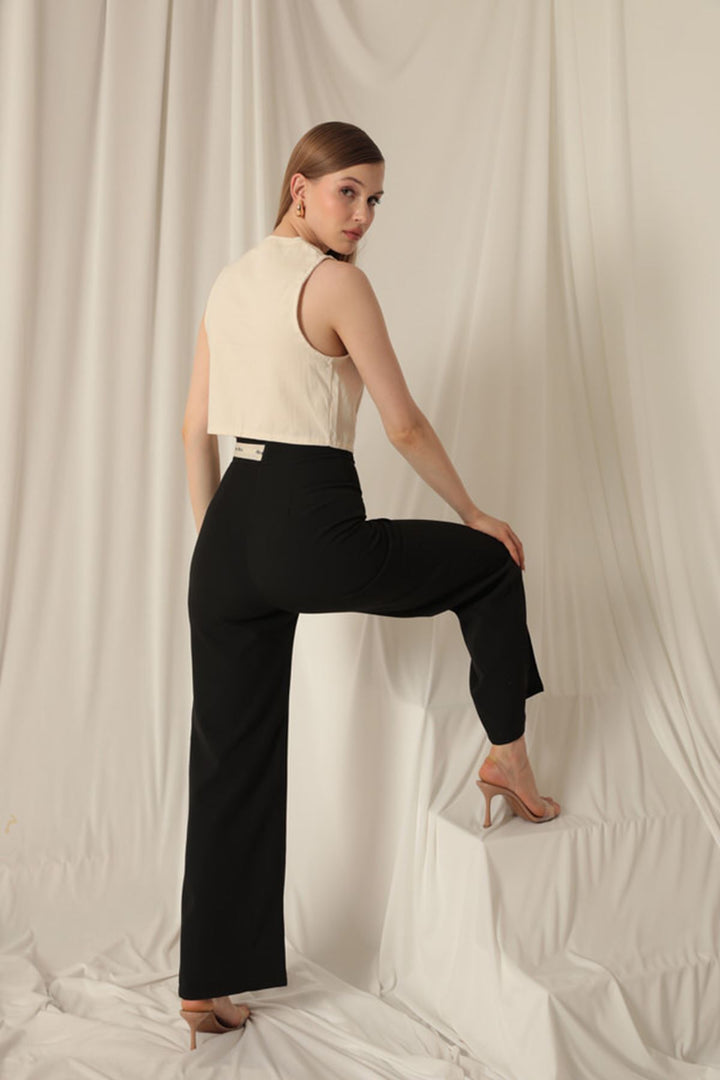 KKT Palazzo Women's Black Trousers with Belt Stripe - Langenfeld