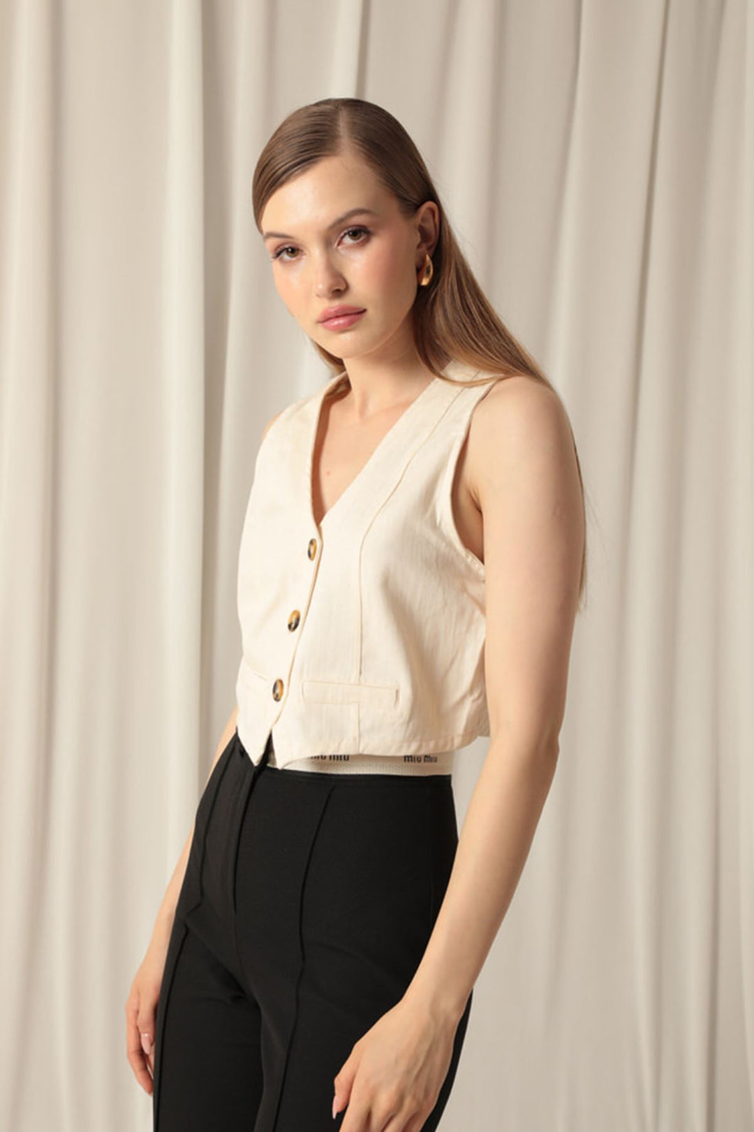 KKT Cotton Fabric Buttoned Front Women's Stone Vest - Northampton
