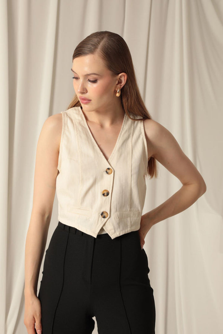KKT Cotton Fabric Buttoned Front Women's Stone Vest - Northampton