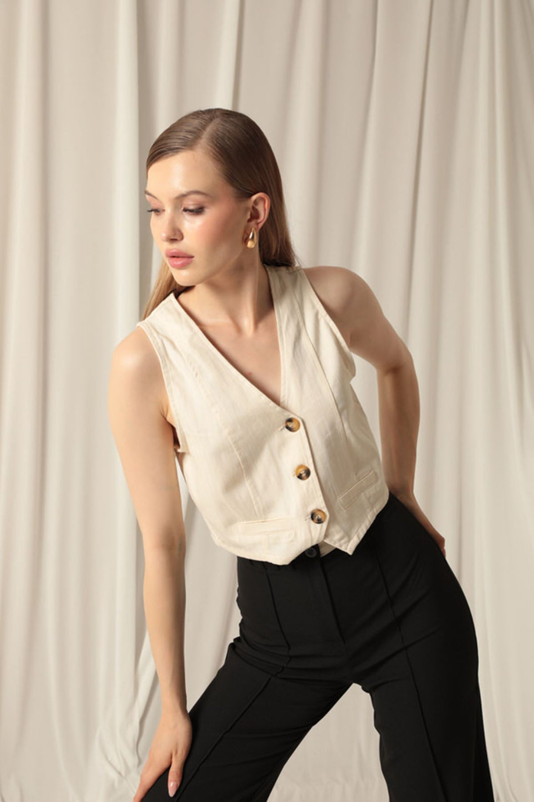 KKT Cotton Fabric Buttoned Front Women's Stone Vest - Northampton