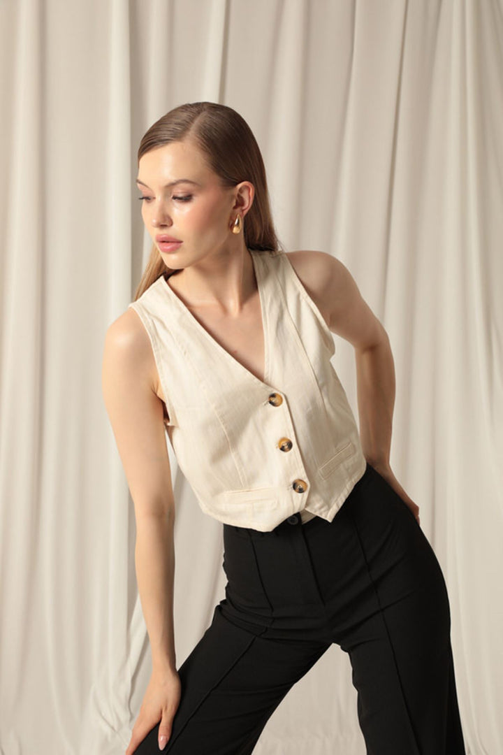 KKT Cotton Fabric Buttoned Front Women's Stone Vest - Northampton