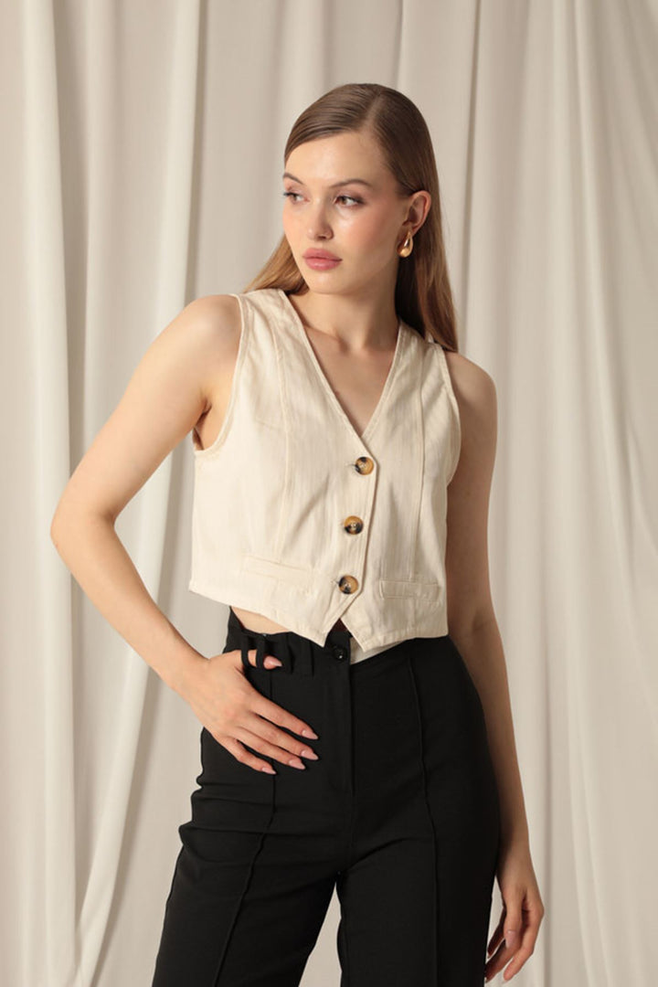 KKT Cotton Fabric Buttoned Front Women's Stone Vest - Northampton