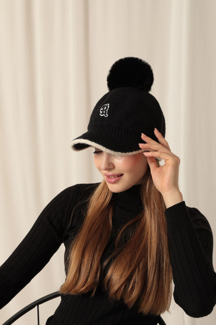 KKT Pompom Embroidered Women's Black Cap - Brookline