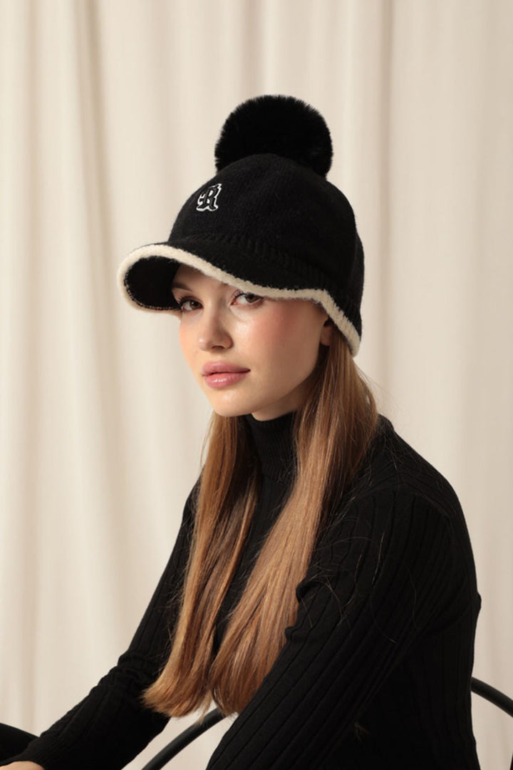 KKT Pompom Embroidered Women's Black Cap - Brookline