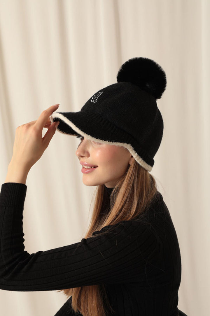 KKT Pompom Embroidered Women's Black Cap - Brookline